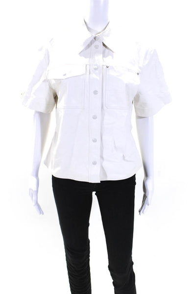 Helmut Lang Womens White Leather Collar Short Sleeve Button Down Shirt Size L