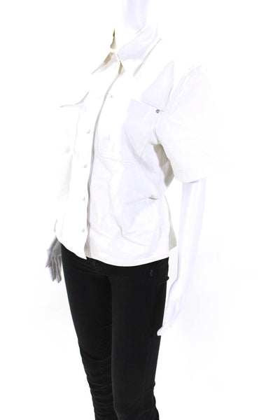 Helmut Lang Womens White Leather Collar Short Sleeve Button Down Shirt Size L