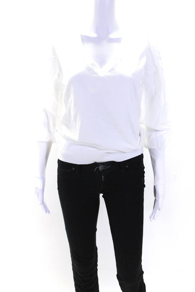 An'ge Womens White V-Neck Sheer Long Sleeve Sweater Top Size M/L