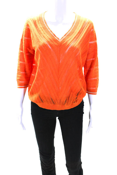 Marina V Womens Orange Open Knit Linen 3/4 Sleeve Pullover Sweater Top Size 1