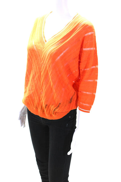 Marina V Womens Orange Open Knit Linen 3/4 Sleeve Pullover Sweater Top Size 1