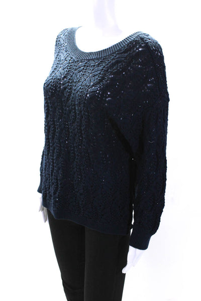 An'ge Womens Navy Blue Open Knit Crew Neck Long Sleeve Sweater Top Size S/M