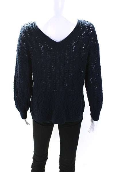 An'ge Womens Navy Blue Open Knit Crew Neck Long Sleeve Sweater Top Size S/M