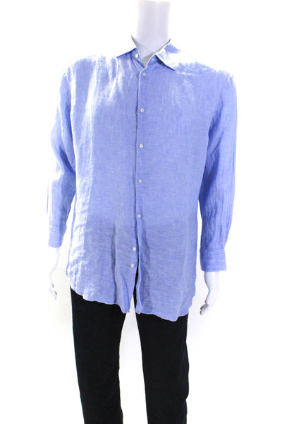 J. Lindeberg Mens Button Front Long Sleeve Collared Shirt Blue Linen Size Large