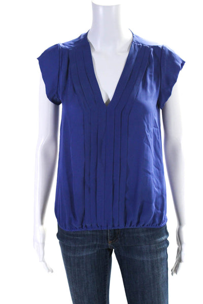 Joie Womens Short Sleeve V Neck Pintuck Silk Top Blouse Blue Size Extra Small