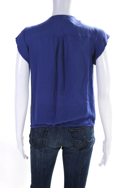 Joie Womens Short Sleeve V Neck Pintuck Silk Top Blouse Blue Size Extra Small