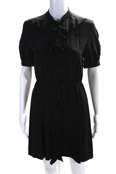 Amanda Uprichard Womens Button Front Ruffled Silk A Line Dress Black Size Petite