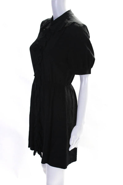 Amanda Uprichard Womens Button Front Ruffled Silk A Line Dress Black Size Petite