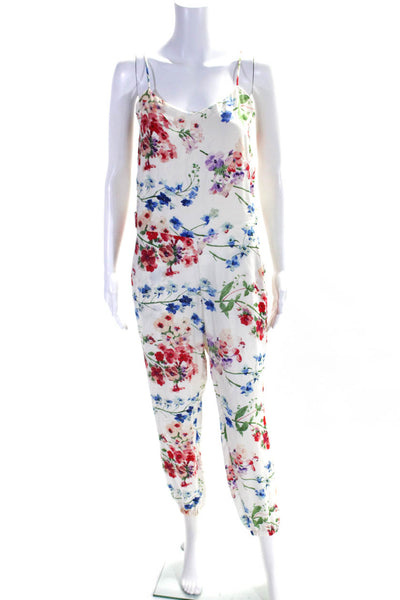 Theory Womens Spaghetti Strap V Neck Floral Silk Jumpsuit White Multi Size 2