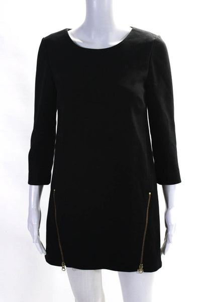 J Crew Womens 3/4 Sleeve Scoop Neck Zipper Trim Mini Dress Black Size 2P