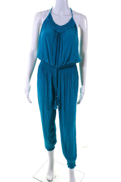 Calypso Saint Barth Womens Satin Smocked Waist Halter Jumpsuit Teal Blue Size S