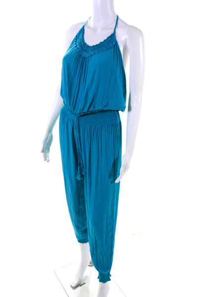 Calypso Saint Barth Womens Satin Smocked Waist Halter Jumpsuit Teal Blue Size S