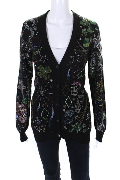 Libertine Womens V Neck Crystal Printed Cashmere Cardigan Sweater Black Medium