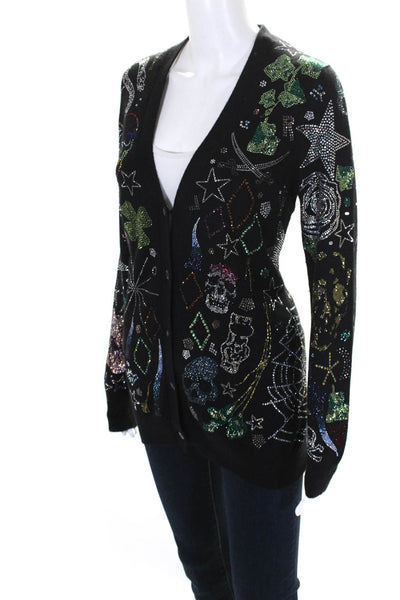 Libertine Womens V Neck Crystal Printed Cashmere Cardigan Sweater Black Medium