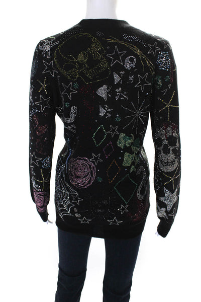 Libertine Womens V Neck Crystal Printed Cashmere Cardigan Sweater Black Medium