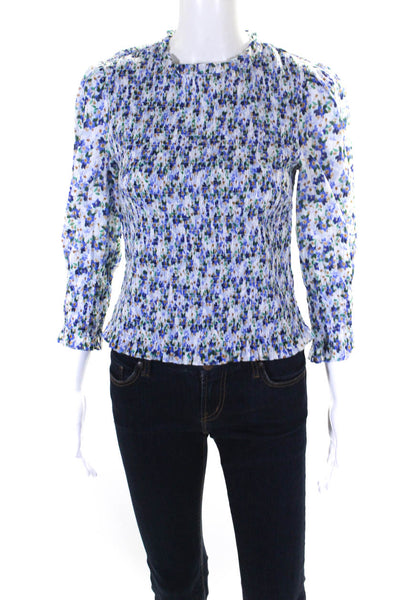 Veronica Beard Womens Blue Cotton Floral Smocked Long Sleeve Blouse Top Size 0