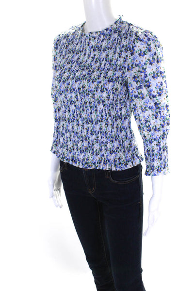 Veronica Beard Womens Blue Cotton Floral Smocked Long Sleeve Blouse Top Size 0