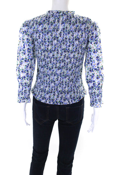 Veronica Beard Womens Blue Cotton Floral Smocked Long Sleeve Blouse Top Size 0