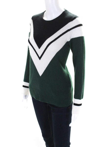 Madeleine Thompson Womens Crew Neck Chevron Cashmere Sweater Green Black Small