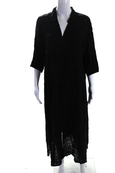 Johnny Was Womens Embroidered Buttoned Collared Long Sleeve Dress Black Size L