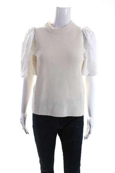 Sea Women's Crewneck Eyelet Short Sleeves Pullover Sweater Cream Size S