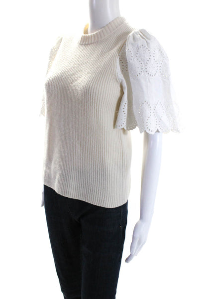 Sea Women's Crewneck Eyelet Short Sleeves Pullover Sweater Cream Size S