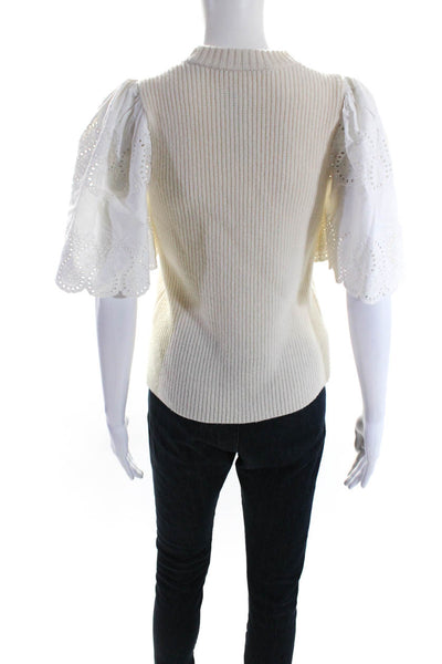 Sea Women's Crewneck Eyelet Short Sleeves Pullover Sweater Cream Size S