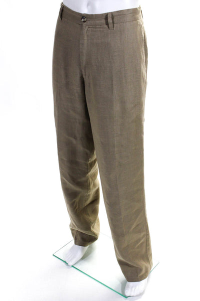 Zegna Sport Mens Brown Linen Pleated Straight Leg Pants Size 52