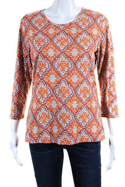 J. Mclaughlin Womens Printed Long Sleeves Blouse Orange Blue Size Medium