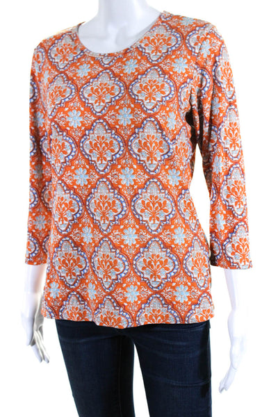 J. Mclaughlin Womens Printed Long Sleeves Blouse Orange Blue Size Medium