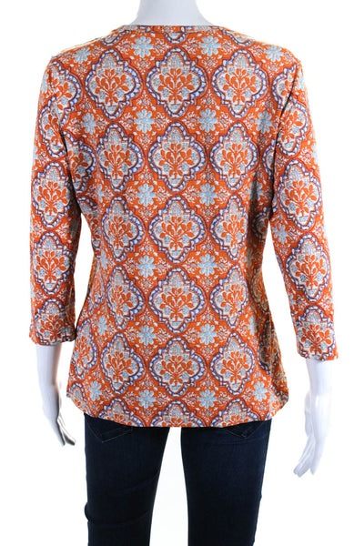 J. Mclaughlin Womens Printed Long Sleeves Blouse Orange Blue Size Medium