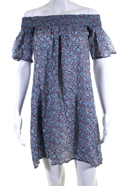 Delfina Womens Floral Print Short Sleeves Sun Dress Blue Cotton Size Medium