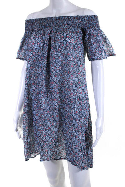 Delfina Womens Floral Print Short Sleeves Sun Dress Blue Cotton Size Medium