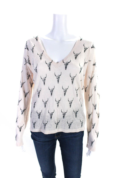 Skull Cashmere Womens Linen Graphic Print V-Neck Long Sleeve Sweater Pink Size S