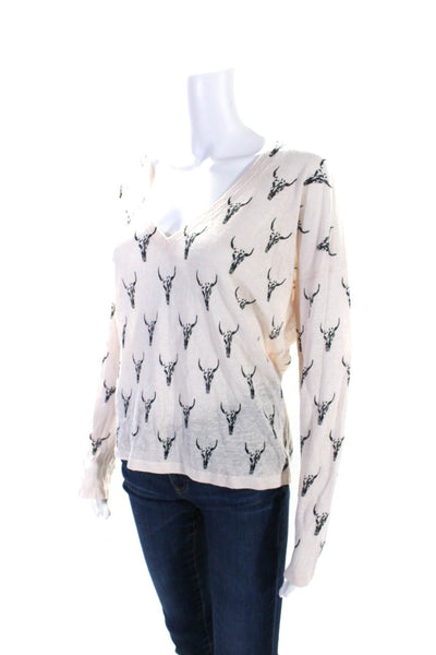 Skull Cashmere Womens Linen Graphic Print V-Neck Long Sleeve Sweater Pink Size S