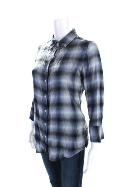 Elizabeth and James Womens Cotton Plaid Print Buttoned Collared Top Blue Size S