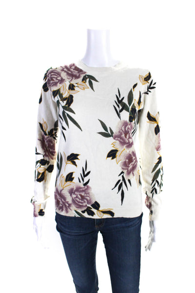 Apricot Womens Cotton Floral Print Long Sleeve Round Neck Sweater White Size 6