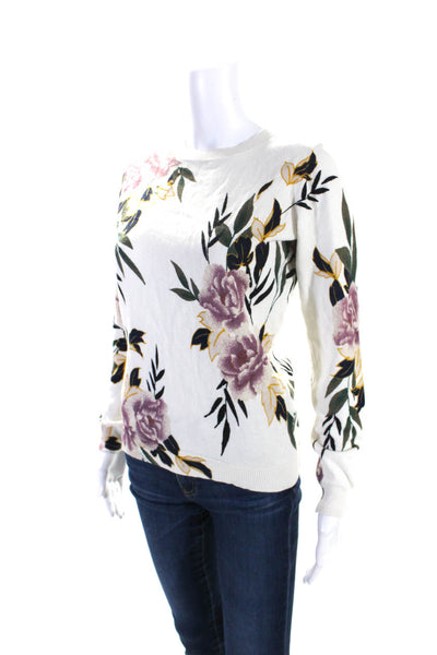 Apricot Womens Cotton Floral Print Long Sleeve Round Neck Sweater White Size 6