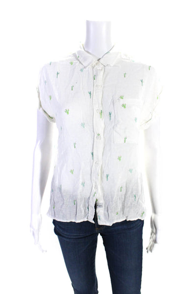 Rails Womens Linen Graphic Print Buttoned Collared Short Sleeve Top White Size S