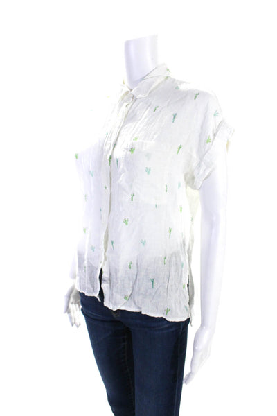 Rails Womens Linen Graphic Print Buttoned Collared Short Sleeve Top White Size S