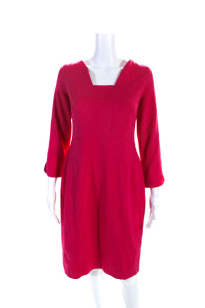 Rena Lange Womens Square Neck Darted Long Sleeve Zipped Midi Dress Pink Size 10