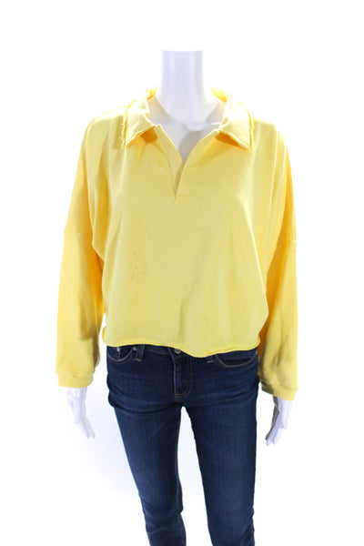 The Westside Womens Cotton Collared Fringed Hem Cropped Sweatshirt Yellow Size M