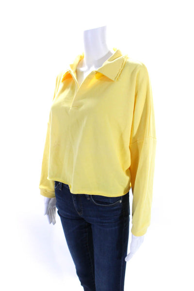 The Westside Womens Cotton Collared Fringed Hem Cropped Sweatshirt Yellow Size M