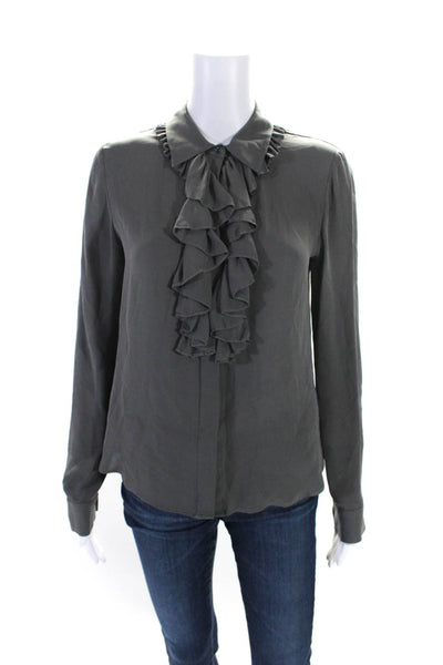 Theory Womens Silk Ruffled Long Sleeve Round Neck Button Blouse Top Gray Size S