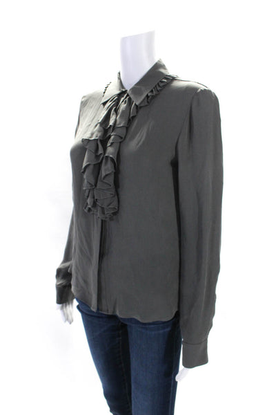 Theory Womens Silk Ruffled Long Sleeve Round Neck Button Blouse Top Gray Size S