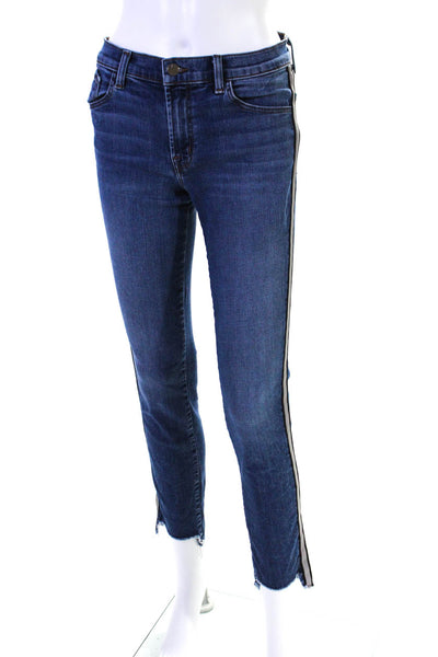 J Brand Womens Striped Sides Mid Rise Skinny Leg Raw Hem Jeans Blue Size 27