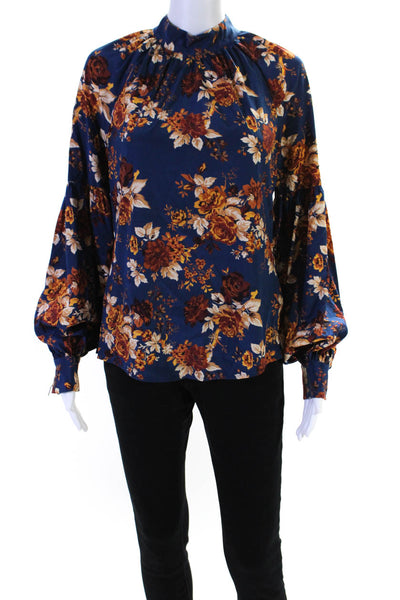 Veronica Beard Womens Silk Floral Print Long Sleeves Blouse Blue Brown Size 2