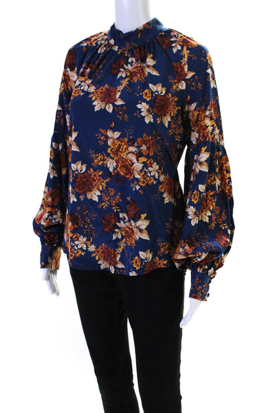 Veronica Beard Womens Silk Floral Print Long Sleeves Blouse Blue Brown Size 2