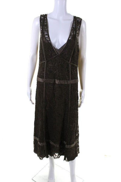 DKNY Womens Lace V-Neck Sleeveless Lined A-Line Dress Olive Green Size 14