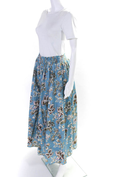 Elie Tahari Womens Smocked Waistband Floral Midi Skirt Blue Multi Size Medium